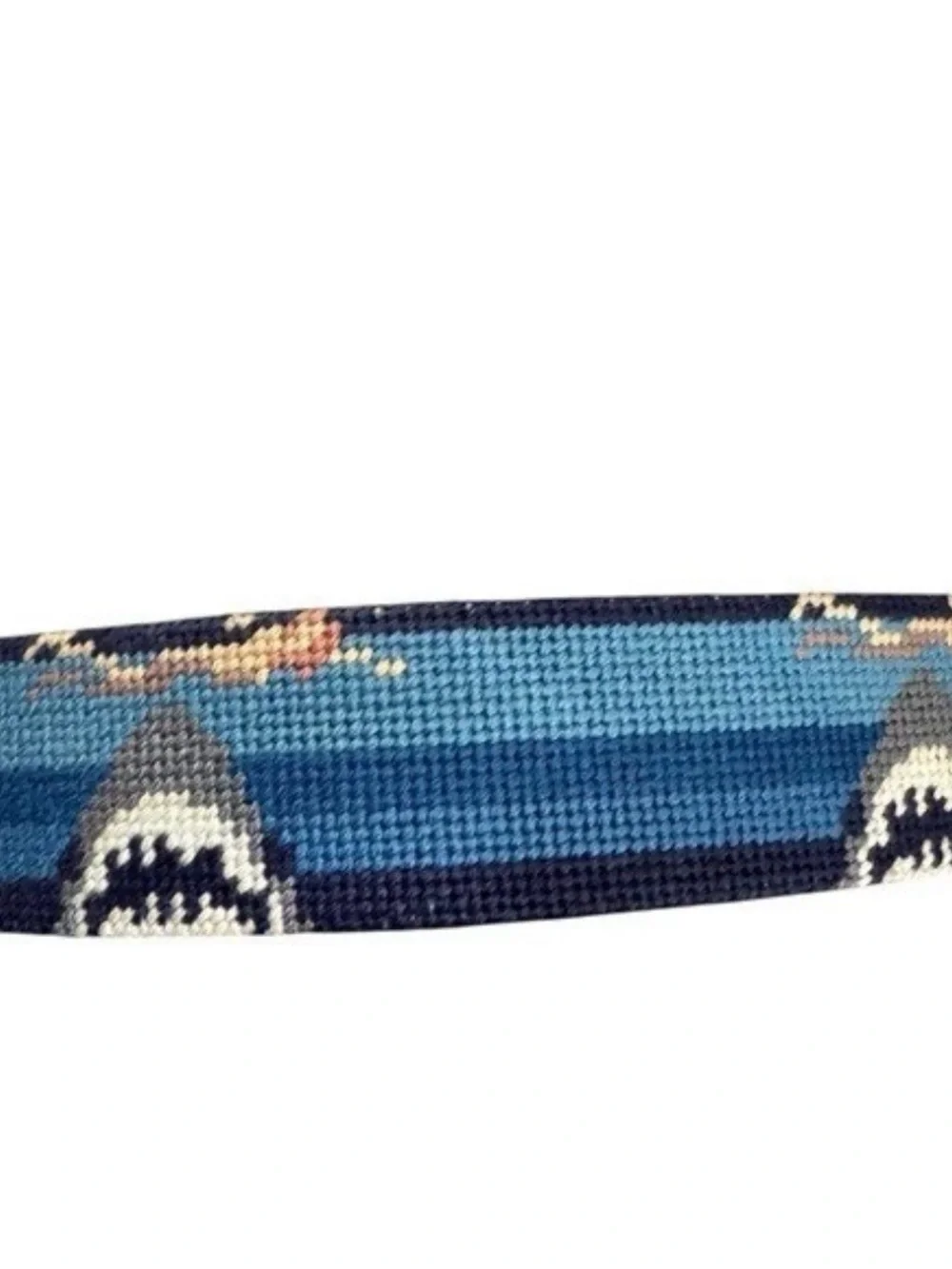 Tucker Blair Brown Leather Shark Swimmer Needlepoint Brass Buckle Belt Sz 34